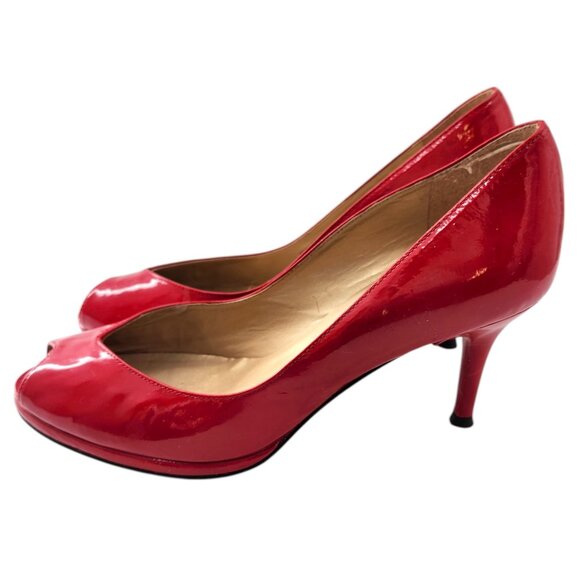 STUART WEITZMAN AUTH $399 Women Red Patent Leather Open Toe Linda Pump Size 9.5 - Picture 2 of 10
